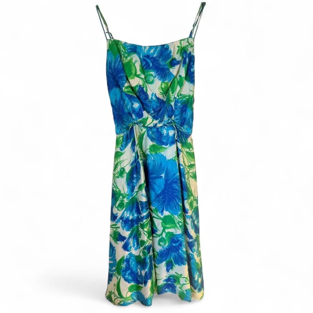 Vintage Handmade 50s Floral Green Blue Bubble Hem Spaghetti Strap Bow Midi Dress